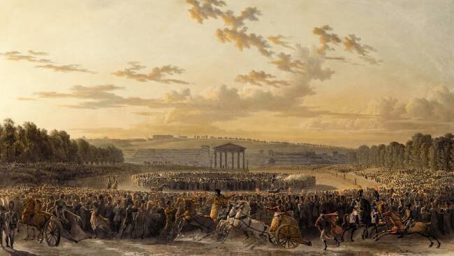 Exercices d'équitation par Franconi et les préparatifs des courses de chars sur le Champ de Mars Louis-Pierre Baltard de la Fresque