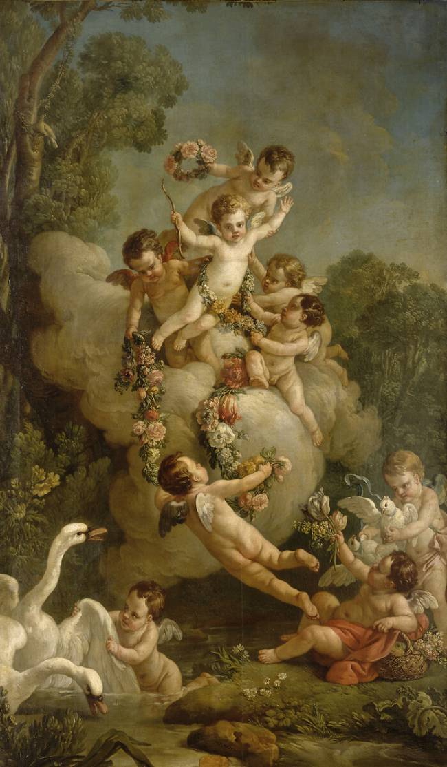 Amours jouant avec des fleurs, des cygnes et des colombes. Joseph Marie Vien