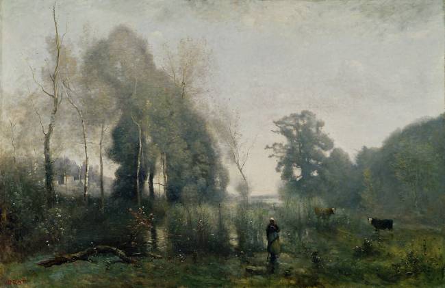 Un matin à Ville-d&#39;Avray ou la vachère de Jean-Baptiste Camille Corot - Reproduction d&#39;art haut de gamme
