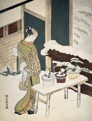 Art japonais : une jeune femme en kimono d'hiver admire ses bonsais (bonzais) sur la terrasse enneigee (anonyme) - Muzeo.com