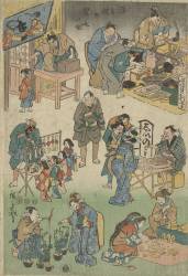 Marché de nuit avec théâtre de rue dans la rue Joruri (Hiroshige) - Muzeo.com