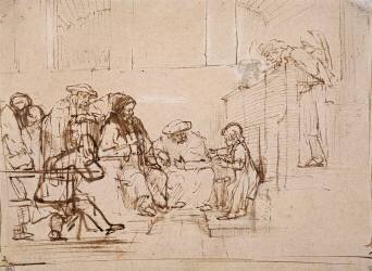 Jésus âgé de douze ans s'entretenant avec les docteurs de la loi divine (Rembrandt) - Muzeo.com