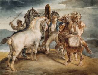 Le marché aux chevaux : cinq chevaux au piquet (Théodore Géricault) - Muzeo.com