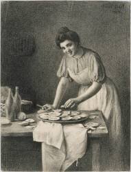 L'écailleuse d'huîtres ; debout, derrière une table (Franck Antoine Bail) - Muzeo.com