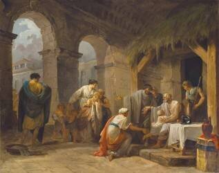 Bélisaire recevant l'hospitalité d'un paysan qui a travaillé sous ses ordres (Hubert Robert) - Muzeo.com