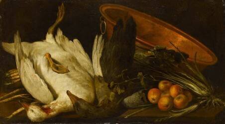 Deux oies mortes, un chaudron, un panier de pommes (anonyme) - Muzeo.com