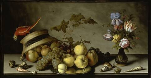 Nature morte aux poires, pêches et pommes sur une assiette en fer-blanc (Balthasar van der Ast) - Muzeo.com