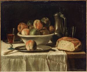 Table dressée avec bol à fruits et boîte de conserve (anonyme) - Muzeo.com