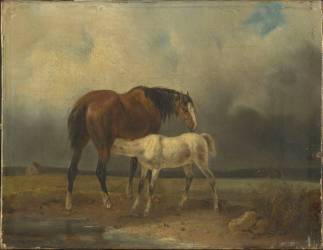 Jument et son poulain dans un paysage (anonyme) - Muzeo.com