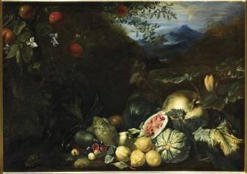 Pastèques, citrons, fleurs de courgettes et lézard sur fond de paysage (Bartolomeo Bimbi) - Muzeo.com