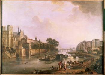 Vue de Notre Dame, de l'archevêché et du quai des Bernardins, vers 1775. (Jean-Baptiste Lallemand) - Muzeo.com