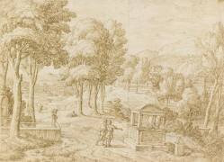 Paysage avec un tombeau et six personnes (Abraham Genoels) - Muzeo.com