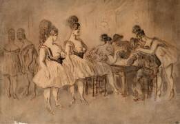 Hommes attablés en compagnie de femmes légèrement vêtues (Constantin Guys) - Muzeo.com