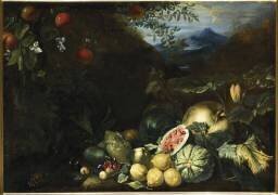 Pastèques, citrons, fleurs de courgettes et lézard sur fond de paysage (Bartolomeo Bimbi) - Muzeo.com